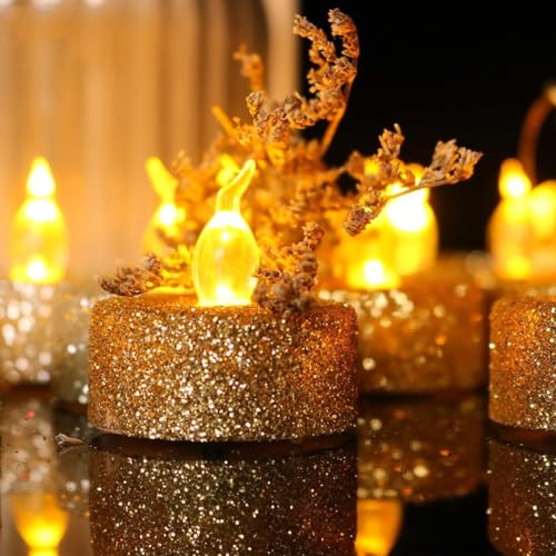 Image of 12PCS Gold Tea Lights,Glitter Tealights Candle Battery Operated for Christmas Halloween Home Decor Wedding Anniversary Party Table Decoration