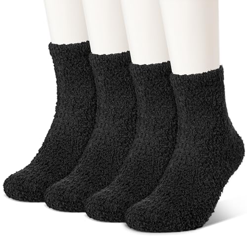Zuimei 4 Pairs Womens Black Fluffy Winter Socks - Warm Thick Fuzzy Soft Coral Fleece Floor Socks for Sleeping Home - Cozy Bed Slippers