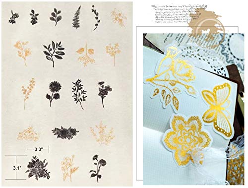 Vintage Zen Botany Flower Washi Sticker Pack, Artsy Natural Black-and-White Plants with Golden Sketch Decals Collection, Wild Plants Gray and Gold Set – 120 Pcs