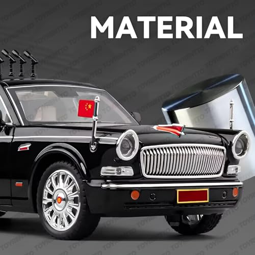 Image of 1:24 Scale Black Hongqi Limousine Diecast Model Car - Alloy Body, Opening Doors, Light & Sound, Pull Back Toy with Built-in Engine & Realistic Interior for Kids and Collectors
