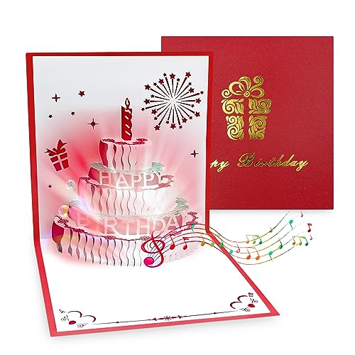 Yoolly Birthday Cards, Musical Pop up Happy Birthday Card with 7 Colors Light, Birthday Gift Greeting Card with Envelopes for Women Men Husband Wife Kids Friend