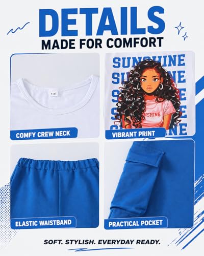 Image of Tween Girls Clothes Short Sleeve Graphic T-Shirt Top + Cargo Pants 2pcs Outfit Set, Size 7-15Years