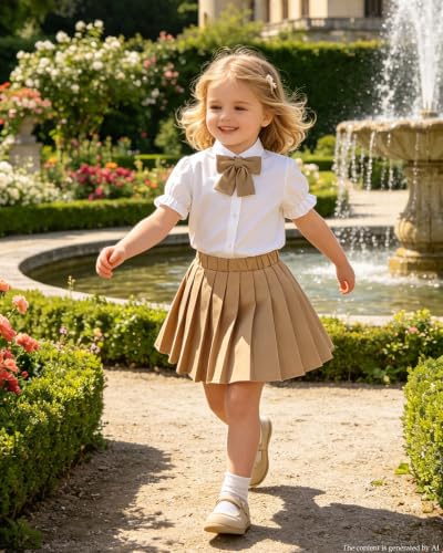 Image of Betusline Girls Skirt Set JK School Uniform 2-Piece Outfit - Short Sleeve Shirt with Bow & Pleated Skirt 4T-14Y