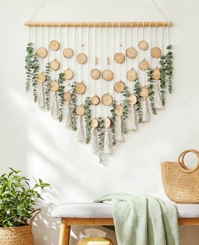 Tempospark Artificial Eucalyptus Wall Decor Hanging, Boho Bathroom Wall Decor, Fake Greenery Leaves Stems with Wood Slices Tassels on 33.1" Stick, for Living Room, Bedroom, Kitchen, Home Office — view 3