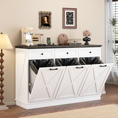 JassmiPkwy Triple 13 Gallons Tilt Out Trash Cabinet, Farmhouse Garbage Recycling Cabinet with Power Outlets, 3 Drawers, Pet Proof, Freestanding Kitchen Trash Bin Cabinets, White