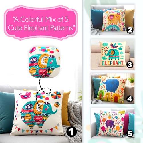 Image of GLUN Set of 5 Polycotton Cushion Covers, Multicolour Bohemian Elephant Print, 16 x 16 Inch Size Covers, Playful Cushion Covers for Sofa & Living Room Decor