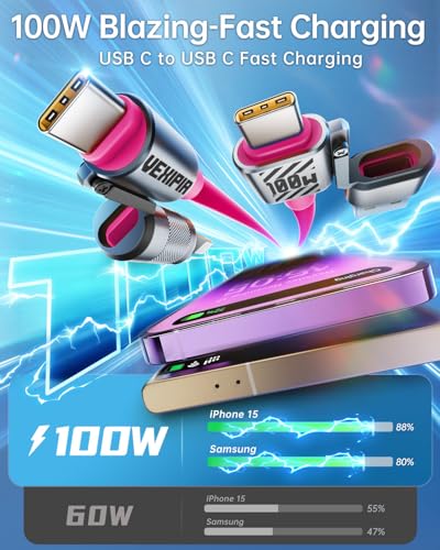 Image of 4 in 1 USB C Cable 100W 5FT Fast Charging & Data Transfer, Thicker Silicone Multi Charger Cord for iPhone iPad Charger Wire Combo with L /Type C /USB A for iPhone 16 /15 /Macbook (Pink)