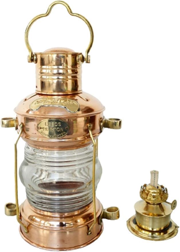 14'' Vintage Nautical Brass & Copper Oil Lantern – Handcrafted Maritime Hurricane Lamp with Glass Globe | Antique Marine Lantern for Home Decor, Outdoor Camping & Gifting