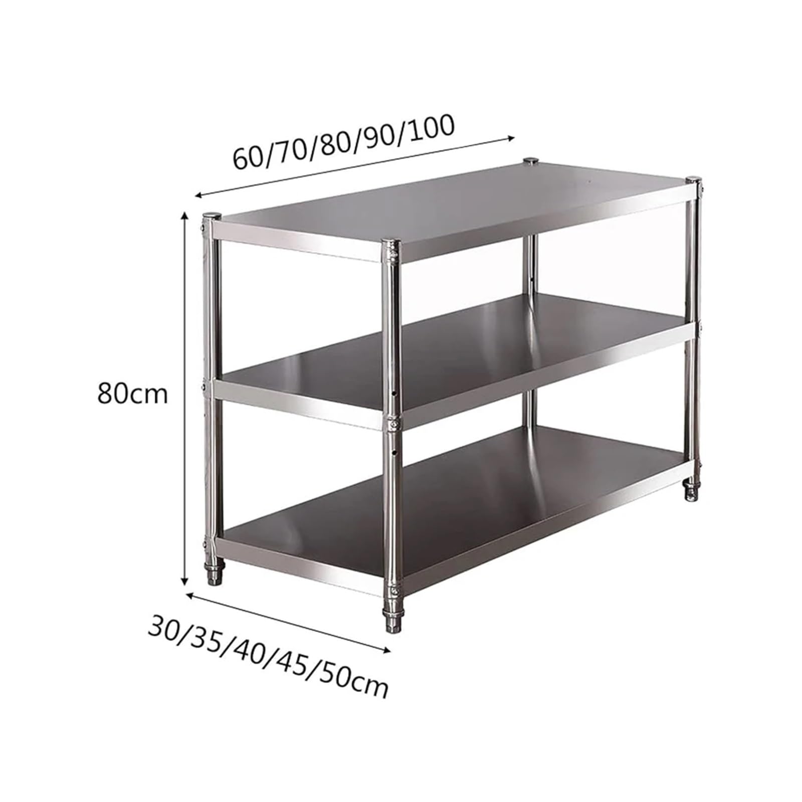 Scaffale da cucina a 3 ripiani in acciaio inox, versatile, tavolo da lavoro per garage, ristorante e casa (60 x 50 x 80 cm)
