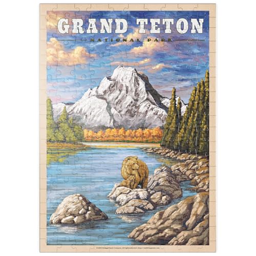MyPuzzle Grand Teton National Park - Grizzly Bear Hug, Vintage Travel Poster - Premium 200 Piezas Puzzles - Colección Especial MyPuzzle de Havana Puzzle Company