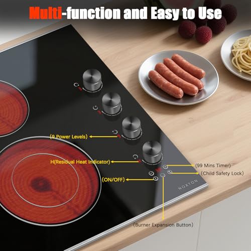 Image of Noxton Electric Cooktop 30 Inch, Knob Control 4 Burners Electric Stove Top with Glass Protection Metal Frame, Expandable Burner, Safety Lock, Timer, 6700W 240V Hard Wired(Black)