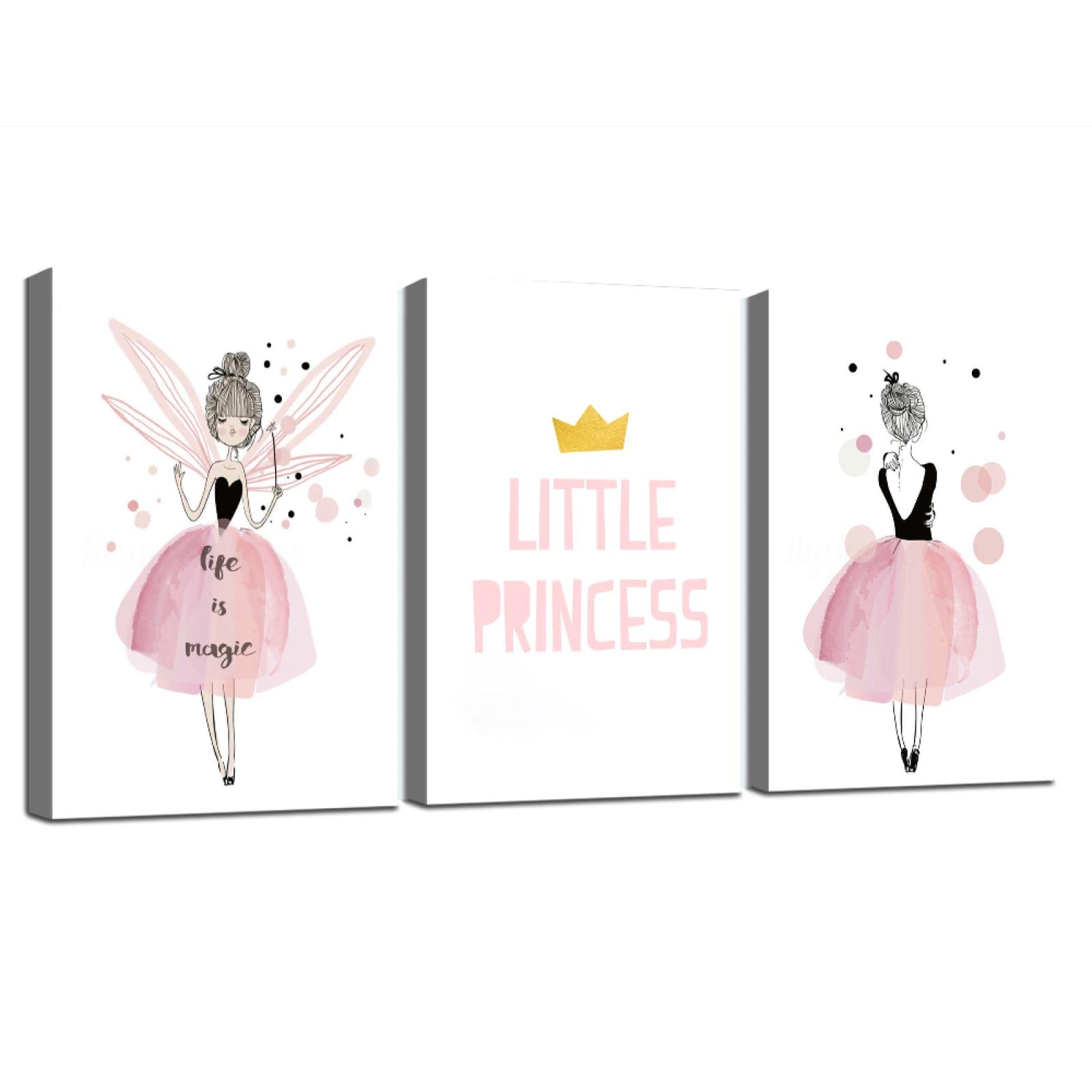 Cuadro de decoración de dormitorio de niña pequeña princesa con estampado de cartel de arte de pared de guardería rosa, cuadro de lienzo para habitación de niños, 43x65cm (17x26in) x3