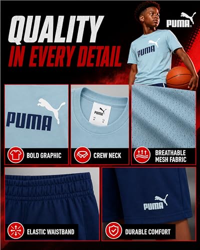 Image of PUMA Boys Short Set - 2 Piece Short Sleeve Crewneck Performance Graphic Tees and Athletic Mesh Shorts for Boys (Sizes: 4-16)