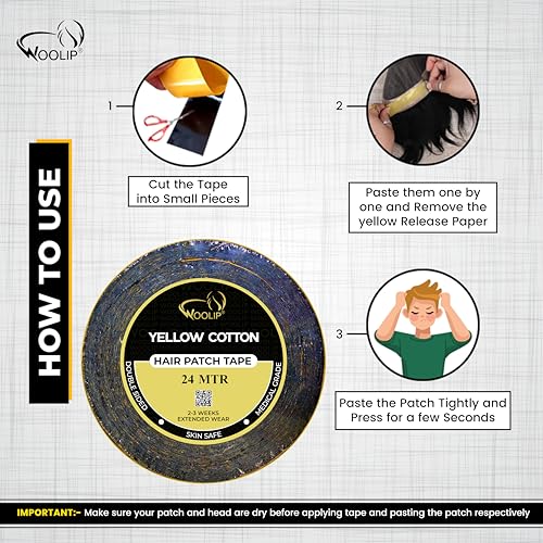 Image of Yellow Black Tape 24m Hair Patch For Super Ultra Hold Up To 2-3 Weeks Waterproof | Wig Tape 1 Inch Cotton Material | For Men & Women | Double Sided Hair Patch Tape Yellow Black