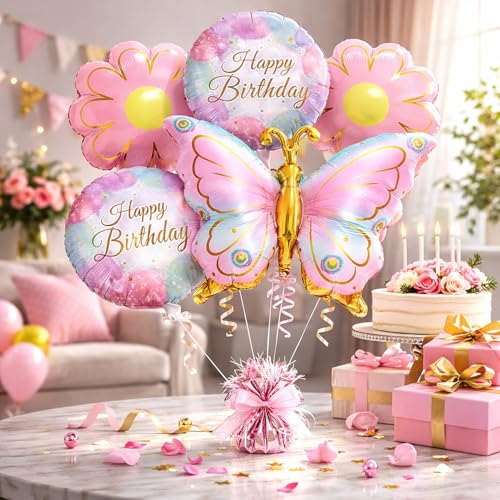 Image of Rozi Decoration Butterfly Theme Happy Birthday Foil Balloon Set with Flower Balloons for Kids Birthday Party Decoration, Pastel Pink Gold Party Decor for Girls Home Celebration