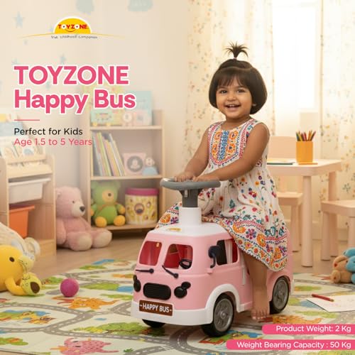 Image of Toyzone Happy Bus - Pink | Toddler Ride-on | Lights & Music | Ride-on with Easy Storage | Grip Wheels | Make in India | Indoor & Outdoor | for Kids 2+ Years