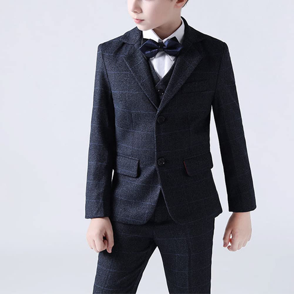 GUOCU Kinderanzug 5-teilig Jungen Anzüge Kinder Klassisches Blau Kariertes Anzug-Set Gentleman Smoking Jacke Sakkos+Weste+Hemd+Hosen+Fliege,Hochzeit Festlich Outfit Junge Kleidung Set Taufanzug