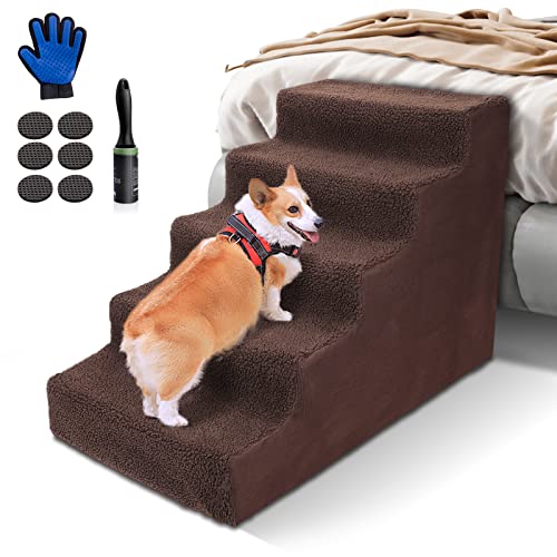 Hevol Pet Steps For High Bed, 5 Tiers Widened Dog Stairs With Removable And Washable Cover, Plastic Pet Stairs For Small Dogs And Cats, Hold Up To 50 Lbs - Send 1 Pet Grooming Gloves & Lint Roller #TOP10