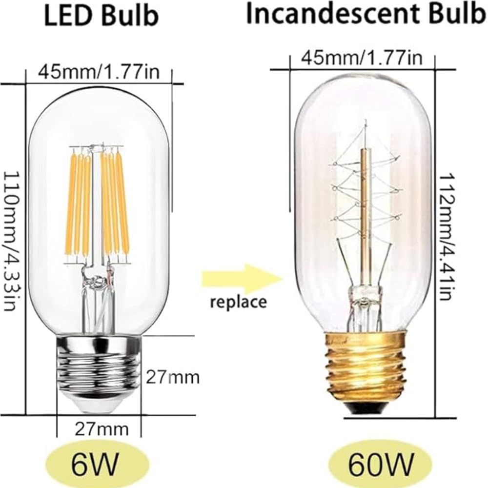 6Szt E27 Żarówka LED T45 Żarówki Rurkowe LED T45 Wkręt 2W 4W 6W 8W Żarówka Vintage Ciepła Biel 2700K Żarówka LED Kąt Wiązki 360° Przezroczysty Żarnik Bez Możliwości Ściemniania,6W