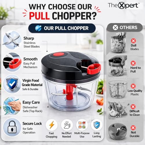 Image of Manual Pull String Vegetable Chopper for Kitchen | Strong Rope Onion Cutter, Garlic & Veg Cutter | Durable Hand Pull Food Chopper with Stainless Steel Blades