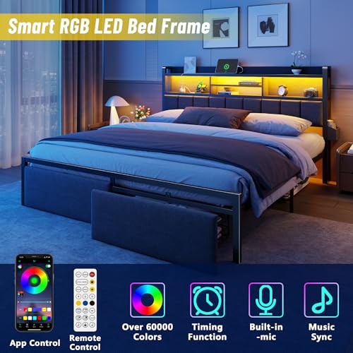 Image of Furnulem King Size Bed Frame with Headboard, Drawers, Charging Station, LED | 1200 lbs Capacity, Upholstered Headboard, No Box Spring Needed, Noise Free, Black, Metal Bed Frame