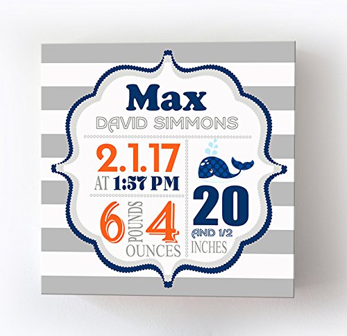 Personalized Stretched Canvas, Striped Nautical Birth Announcement, Custom Baby Name, Date, Weight Stats, Whale Nursery Wall Decor, Wooden Frame Construction, Ready to Hang 24X24