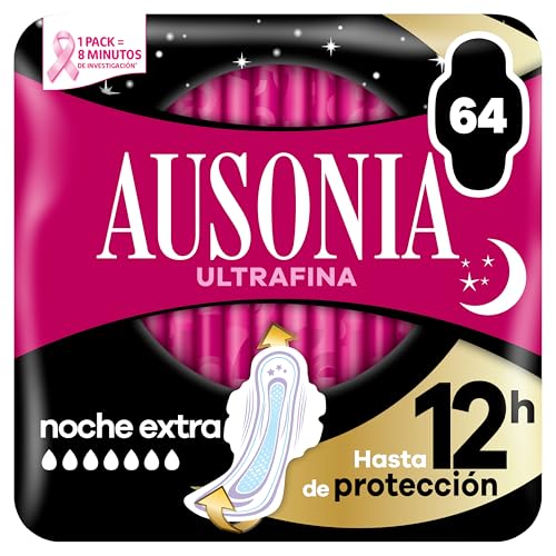 Ausonia Ultrafina Compresas con Alas Noche, Extra, 64 Unidades, Hasta 12 Horas de Protección