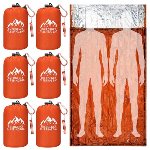 Oudain 6 Pcs XL Emergency Sleeping Bag 94.5' x 49.2' Waterproof Survival Sleeping Bag with Whistle Carabiner Portable Thermal Bivy Sack Emergency Blankets for Camping Hiking Outdoor (Orange)