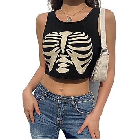 Xsylife Women Graphic Tank Tops Casual Skeleton Printed Rib Knit Cami Top Summer Crop Top Y2k Streetwear (Black, Small) Cover