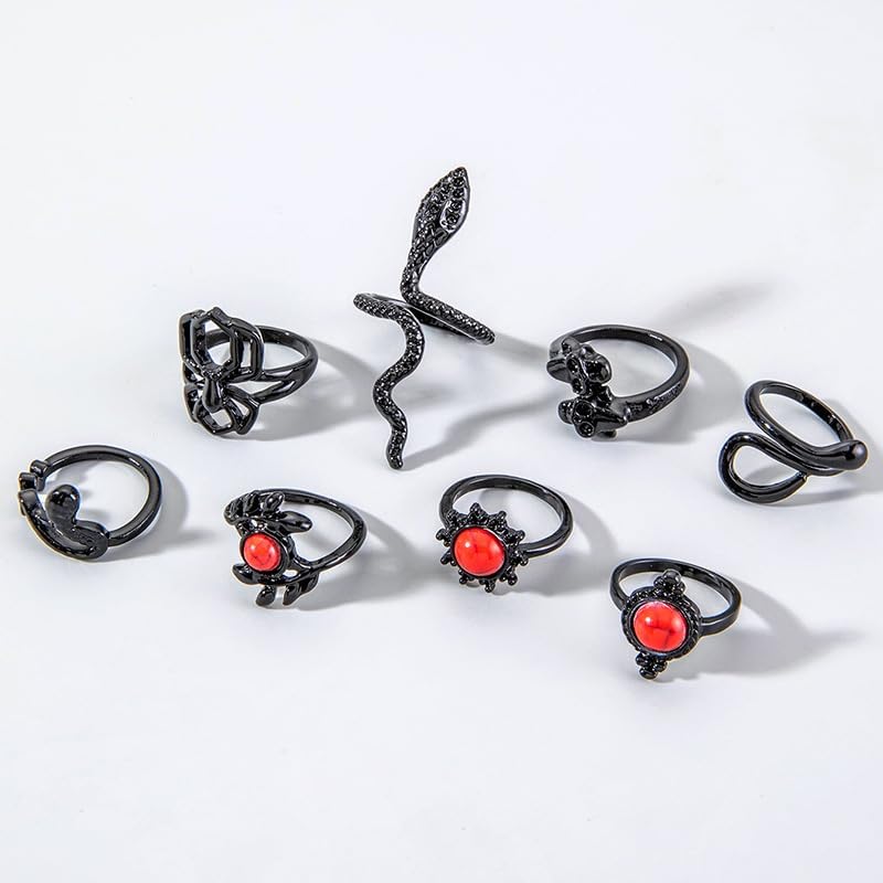 Vista 4 de Juego de 11 anillos apilables de color negro gótico, punk oscuro, flor de loto oscuro, piedra roja, retro, hueco, tallado, estilo palacio, nudillos