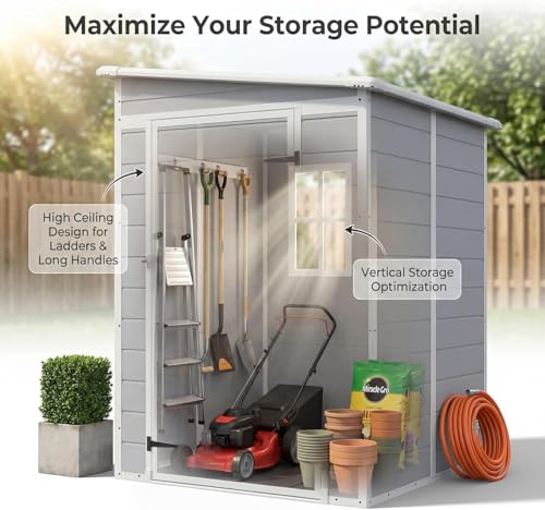 Image of Devoko 5 x 4 FT Plastic Outdoor Storage Shed with Floor, Light Grey | Waterproof Resin Tool Shed with Window, Outside Garden Shed with Lockable Door for Patio, Lawn, Backyard, Poolside