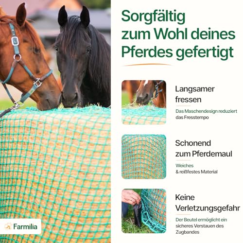 Farmilia® Heunetz für Pferde - Ideal für Rundballen bis ø190cm I Robustes Rundballennetz - UV-geschützt & wetterfest I Großes Heunetz inkl. Tragetasche - 45x45mm Maschen für langsames Fressen