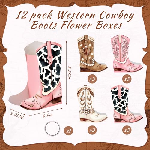 Image of 12 Set Western Boots Flower Boxes Centerpiece Boot Shape Gift Boxes Party Decoration Vase Centerpieces for Tables Boots Rodeo Birthday Baby Shower Supplies(Western Pink,Cowgirl Cow)