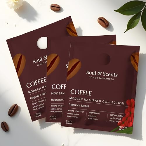 Image of Soul & Scents Coffee Fragrance Sachet | A Blend of Arabica Coffee, Caramel & Vanilla | Long-Lasting Air Freshener for Car, Wardrobe, Kitchen, and Travel Bag | Pack of 3-20gm Each