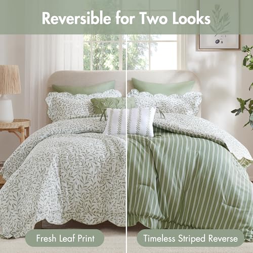 Image of Madison Park Reversible Botanical Comforter Set, 5PC Queen Bedding Set | Summer Floral Print Bed Set with Scalloped Edges, Lightweight Bedding with Decorative Pillows, Sage Green