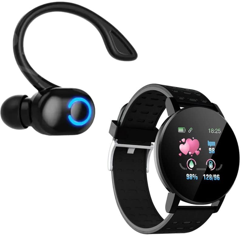 TechKing (Special Deal with 12 Years Warranty X10 Truly Wireless Bluetooth Earphone Bluetooth Headset with ID-119 Round Shape SmartWatch Fitness Tracker Heart Rate Monitor Smart Wristband -Black