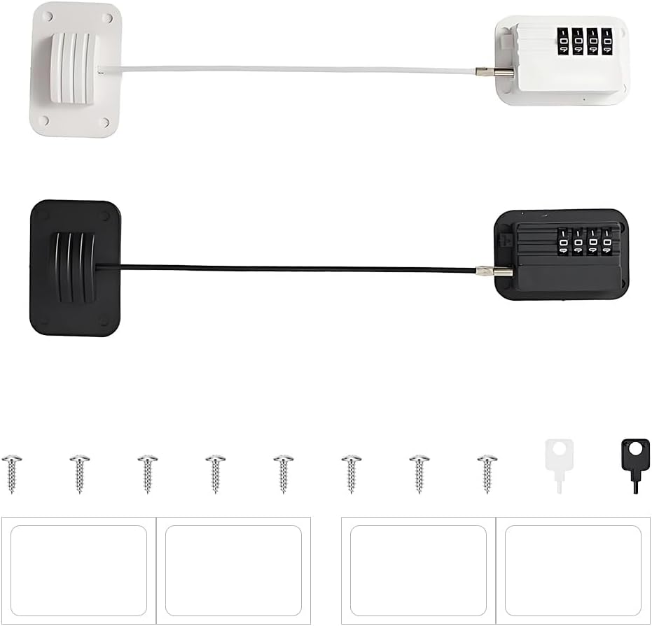 Pack of 2 Fridge Locks, Fridge Lock with Code, No Drilling, Lock with Combination Code, Cabinet Locks, Safety Lock for Freezer, Cupboards, Drawers, Windows (White, Black)