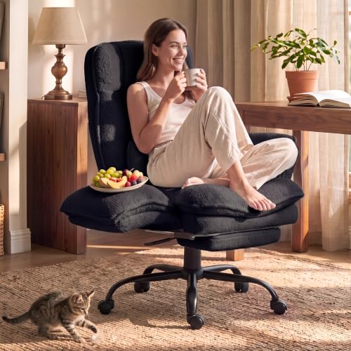 Image of Wider Seat Office Chair with Flip Armrests for Criss Cross Legged&Cats, Big and Tall Executive Ergonomic Reclining Chair with Footrest&Lumbar Pillow, Teddy Fleece Desk Chair, Black Vanity Chair