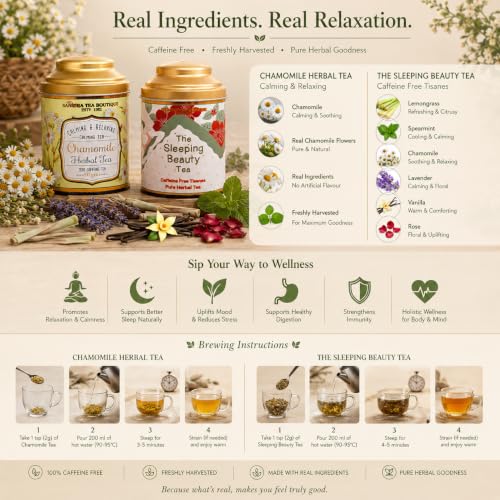 Image of Sancha Tea Boutique, Tea Combo Pack: Chamomile Herbal (50g) & Sleeping Beauty (30g), Caffeine Free Tisane, Best Sleep /Bedtime Teas