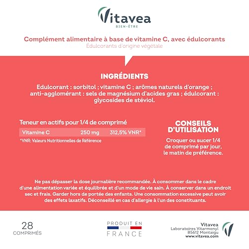 VITAVEA BIEN-ETRE - Vitamine C 1000mg - Tonus et Energie - Complément Alimentaire Fatigue et Système immunitaire - 28 comprimés - Saveur Orange -Sans sucres ajoutés - Cure 28 jours -Fabriqué en France – Image 8