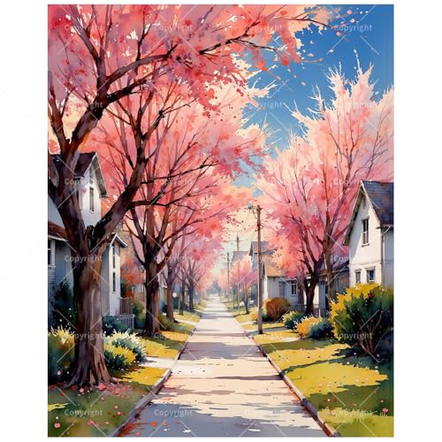 Spring Landscape Paint by Numbers Kit for Adults - DIY Cherry Blossom Street Scene Painting on Canvas 16x20 Inches, Acrylic Paint Set, Suitable for Beginners, Floral Art for Home Decoration or Gifts