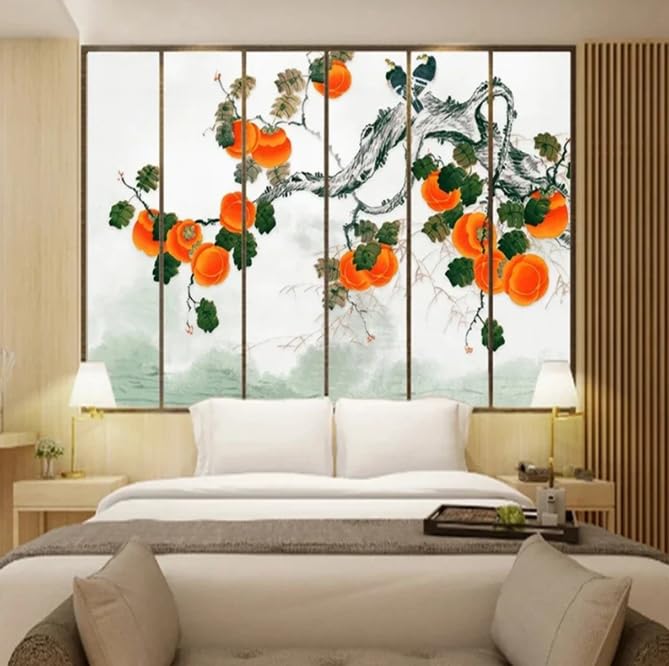 Fresque murale 3D style chinois arbre orange pour grand salon - 2