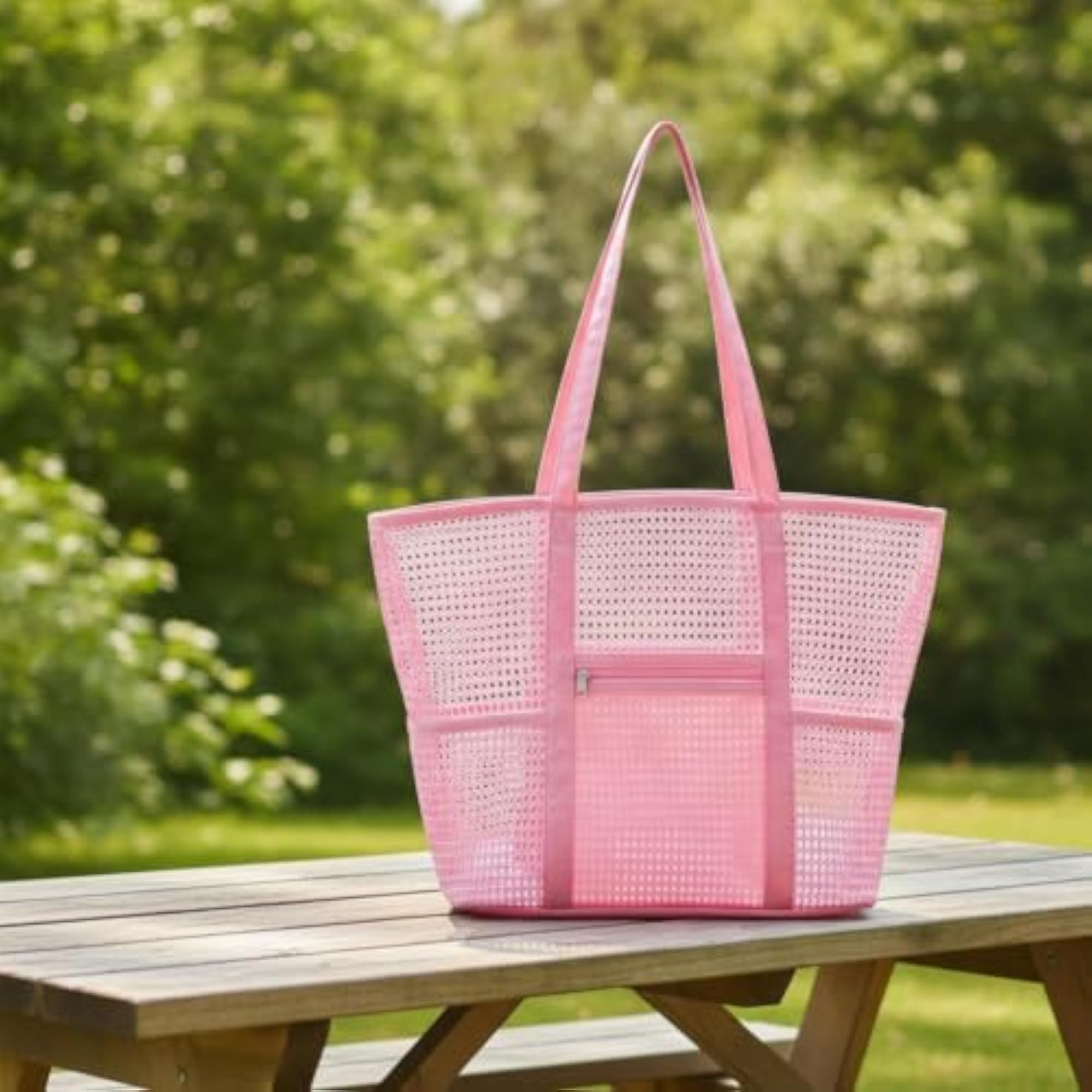 Breathable Mesh Beach Tote Bag with Zip Pocket