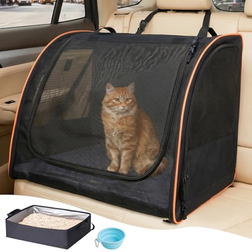 UNICITII Cat Car Seat Enclosed Carrier for Pets Travel Safety Cat Crate with Litter Box Soft-Sided Covered Car Kennel Carrier for Backseat