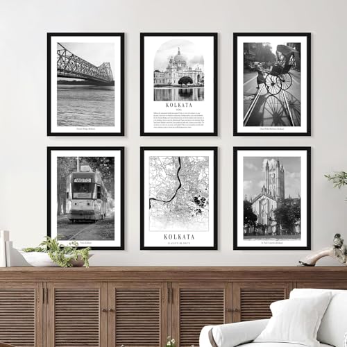 Image of PAINTINGMANTRA A3 Kolkata Wall Art Prints Pack of 6, Framed Painting Heritage Landmark Framed Wall D cor, Architecture, Famous Landmarks, Photos for Living Room, Bedroom,Office Decoration (32x44 cm)