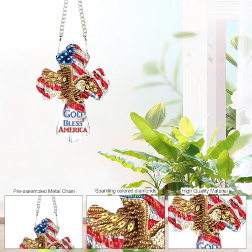 Image of God Bless America Diamond Painting Hanging Ornament - Patriotic Cross with Eagle & American Flag - DIY 5D Diamond Art Kit with Chain - Independence Day Home Decor - Handmade Beaded Sun Catcher Gift