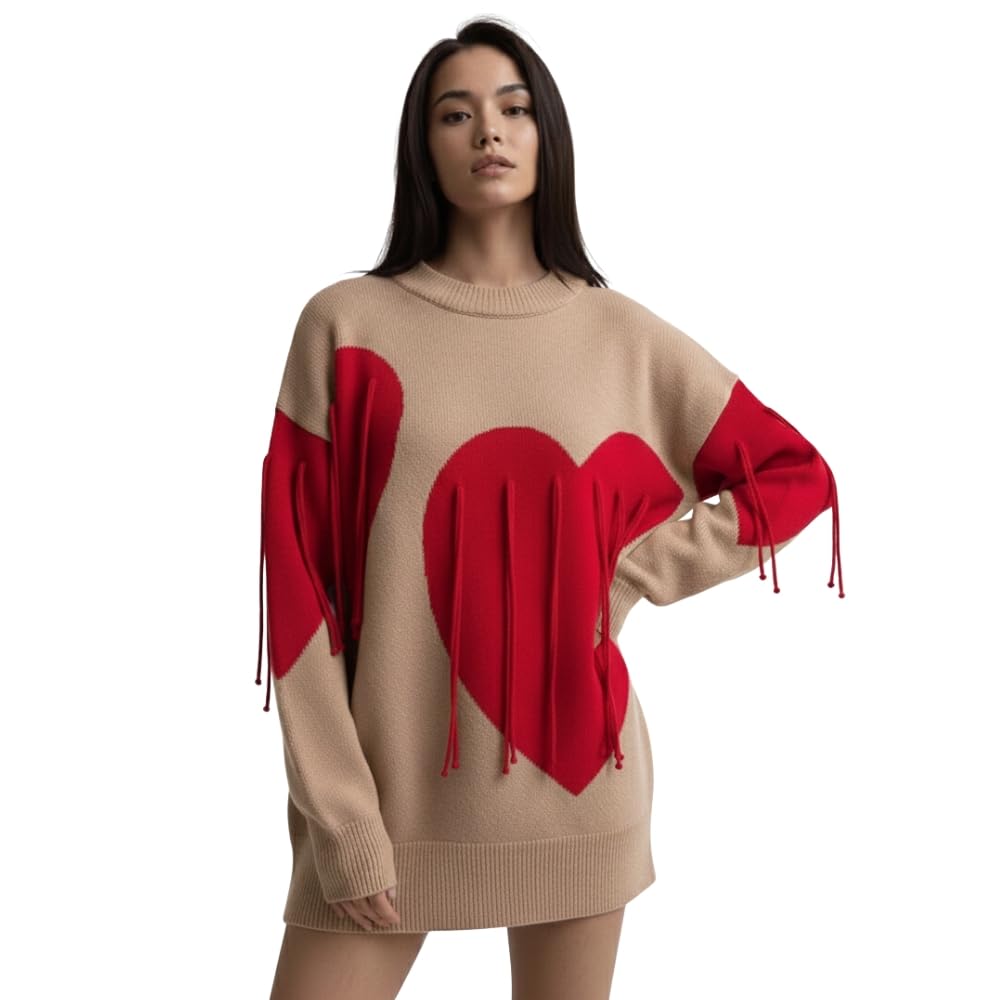 sold for style Women's Oversized Heart Design Sweater with Red Heart Pattern | Fringe Detail | Long Sleeve | Sweater for Women Winter Wear | Casual Streetwear Style-picture-19