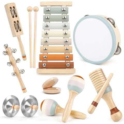 Toddler Musical Instruments, Joyreal Baby Musical Instruments Montessori Wooden Toys for Toddlers 3, Neutral Colors Percussion Instruments Set, Aesthetic Modern Boho Xylophone for Kids Playroom Gifts Cover