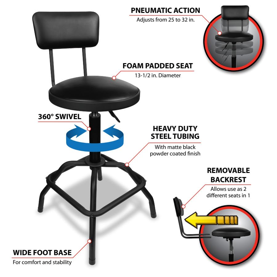 Image of Performance Tool W85016 Pneumatic Stool w /Removable Backrest