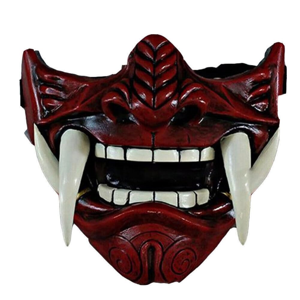 Anso Red Prajna Devil Half Face Mask Halloween Prop Hannya Noh Kabuki Demon Oni Samurai Cosplay (Red)
